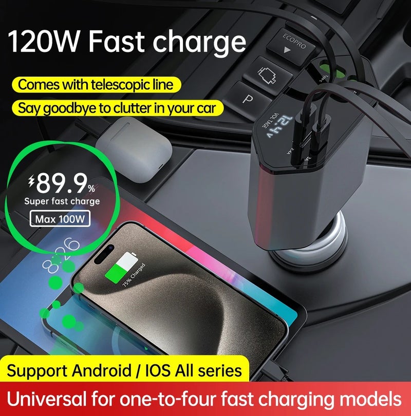 Bluejw Retractable Car Charger 4 in 1, 120W Fast Charging Automobile Charger with 80cm Cable & 2 USB Ports Adapter - Image 4